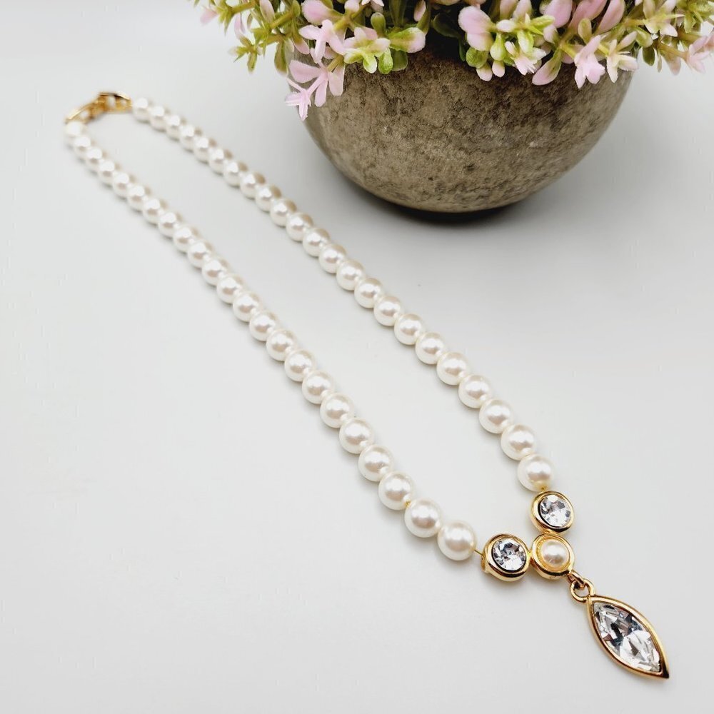 Vintage Napier Crystal Rhinestone Y-Drop White Faux Pearl Collar Necklace